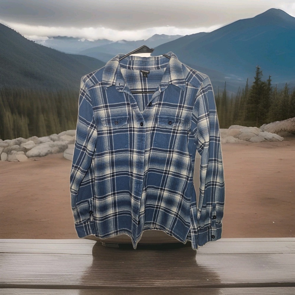 Patagonia Fjord Women's 2 Flannel Button Shirt Organic Cotton Blue Plaid‎